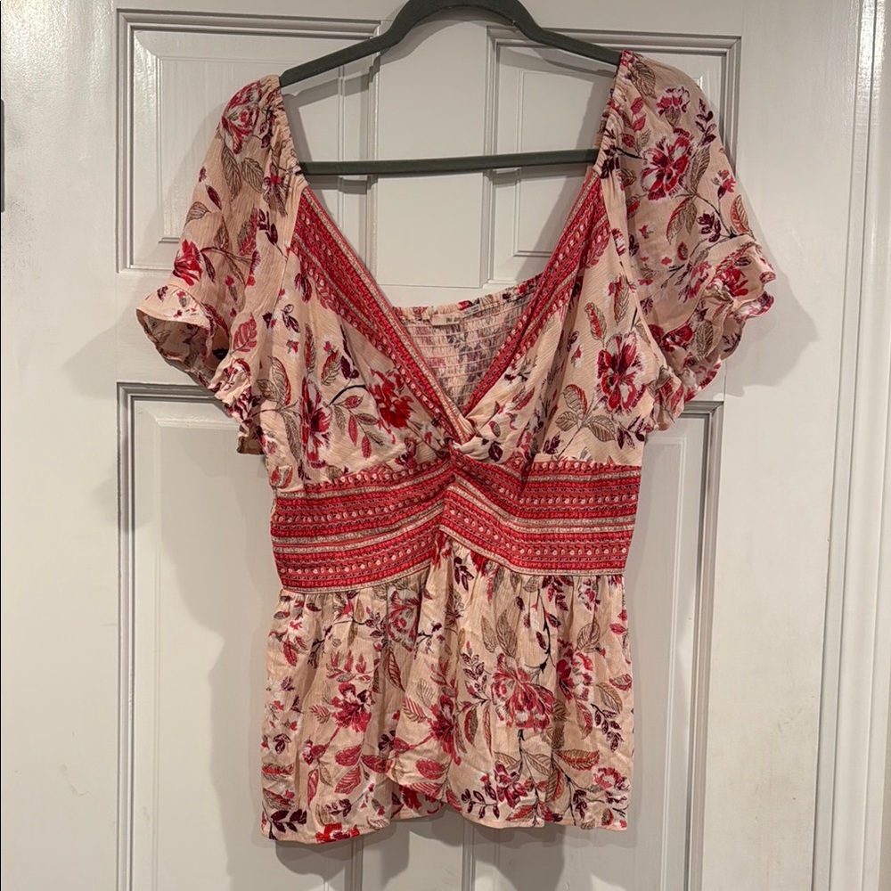 Pink Flutter Sleeve Peplum Blouse with Tie Front